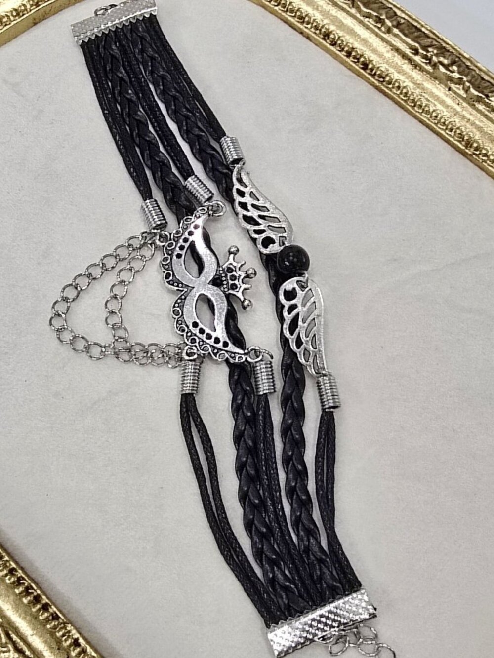 Handmade ✦ Black Leather Mask Wing & Chain Charm Bracelet ✦ Adjustable Gothic